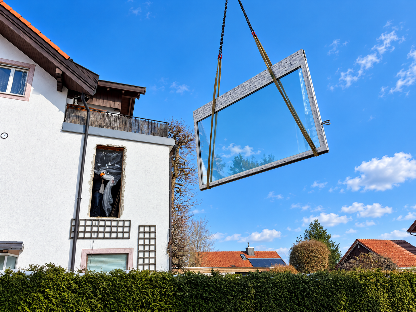 Großes Fensterelement wird mit einem Kran zur Montage gehoben